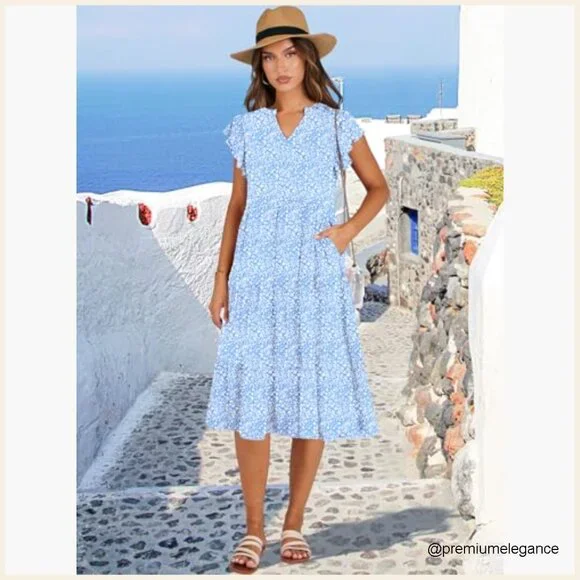 Ruffle Sleeve V-Neck Midi Dress, Flowy Tiered Boho Casual Sundress - Picture 2 of 7